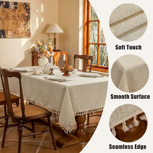 AmHoo Linen Blend Tablecloth Table Cloth 280 GSM Stitching Tassel Rectangle Decorative Natural Table Cover for Kitchen Dinning Wedding Buffet 55×102 inch Ivory White - color: Ivory White, size: 55×102 inch