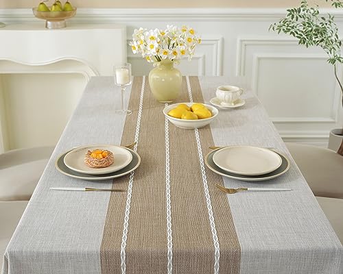 Alsoo Table Cloth Rectangle Table Rustic Waterproof Tablecloth Cotton Linen Wrinkle Free Spring Tablecloth for Party, Kitchen Dining, Holiday, Outdoor (Coffee Lines, 10-12 Seats, 55"x120") - color: A-coffee Lines, size: 120" x 55" (Rectangular)