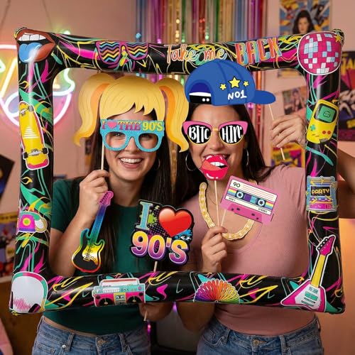 90s Inflatable Photo Frame & Props, 25Pcs Back to The 90s Photo Booth Props with Inflatable Selfie Picture Frame for 1990s Throwback Birthday Party Supplies - color: 90s