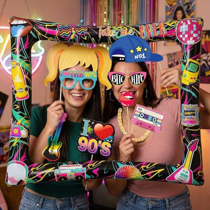 90s Inflatable Photo Frame & Props, 25Pcs Back to The 90s Photo Booth Props with Inflatable Selfie Picture Frame for 1990s Throwback Birthday Party Supplies - color: 90s
