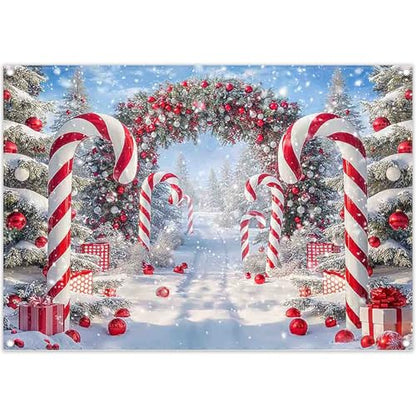 Fabric 7x5ft Merry Christmas Cane Candy Photography Backdrop Winter Snow Scene Xmas Tree Background New Year Eve Party Decoration Holiday Photo Banner Props - size: 7'x5'
