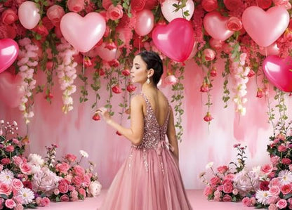 Flowers Wall Backdrop Pink Flowers Love Heart Balloons Romantic Photography Background Wedding Anniversary Birthday Valentines Party Decorations Banner Supplies (7x5FT) - size: 7x5FT