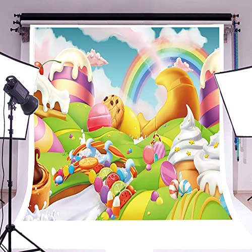 AOFOTO 8x8ft Candyland Backdrop Fantasy Giant Lollipop Candy Land Candy Themed Party Decorations Banner Cartoon Rainbow Ice Cream Dessert Shop Decor Background Kids Baby Birthday Photoshoot Props - size: 8x8ft