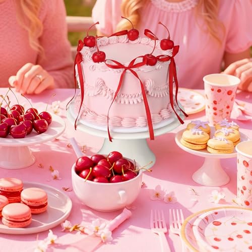 Shappy Cherry Bow Cake Decoration Pink Fake Cake with Realistic Artificial Cherries Toppers and Bows Coquette Room Decor for Birthday Wedding Bridal Shower Party Supplies Dessert Display Photo Props