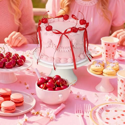 Shappy Cherry Bow Cake Decoration Pink Fake Cake with Realistic Artificial Cherries Toppers and Bows Coquette Room Decor for Birthday Wedding Bridal Shower Party Supplies Dessert Display Photo Props