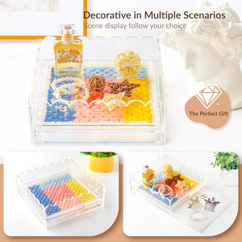 Scalloped Acrylic Tray, 9" x 9" Clear Acrylic Tray with Double Layer Drawer for Insert Needlepoint,Art, Customizable Photos,Fabric,Messages Display Basket,Decorative Tray Gift for Home Office - size: 9''x9''x2.5'' 2d