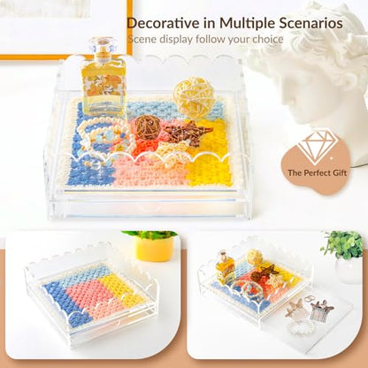 Scalloped Acrylic Tray, 9" x 9" Clear Acrylic Tray with Double Layer Drawer for Insert Needlepoint,Art, Customizable Photos,Fabric,Messages Display Basket,Decorative Tray Gift for Home Office - size: 9''x9''x2.5'' 2d