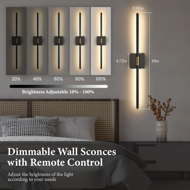 SAIMAND Wall Sconces Set of 2 Battery Operated, Wireless USB Rechargeable Wall Lights with Remote Control, 360° Rotation, 8000mAh LED Dimmable Picture Lamp for Living Room,Bedroom,Hallway (30in Black) - color: Black