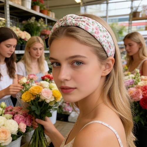 Knot Headband for Women,Fabric Flower Printed Knotted Non Slip Wide Headwear | Non Slip Womens Headbands | for Daily Wear Hair Styling Makeup Party Fall Spring Casual Gym Holiday