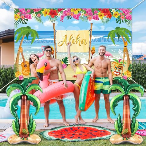 Summer Hawaiian Beach Backdrop for Aloha Luau Party Decor with Inflatable Coconut Tree Foil Balloons Hawaiian Beach Photo Booth Props Banner Palm Tree Balloon for Tropical Sea Palm Birthday Supplies