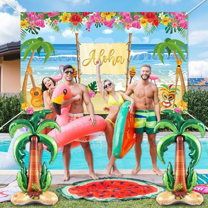 Summer Hawaiian Beach Backdrop for Aloha Luau Party Decor with Inflatable Coconut Tree Foil Balloons Hawaiian Beach Photo Booth Props Banner Palm Tree Balloon for Tropical Sea Palm Birthday Supplies