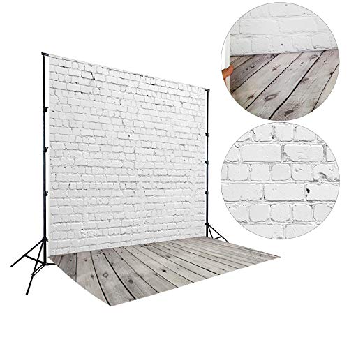 HUAYI 5X7ft White Brick Wall with Gray Wooden Floor Photography Vinyl Backdrop D-2504 - size: 5x7ft-econvinyl