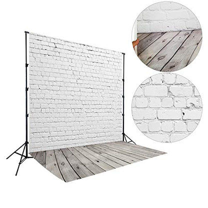 HUAYI 5X7ft White Brick Wall with Gray Wooden Floor Photography Vinyl Backdrop D-2504 - size: 5x7ft-econvinyl