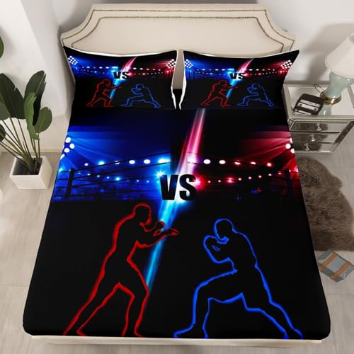 Manfei Wrestler Wrestling Fitted Sheet Twin Size, Young Men Sports Theme Bed Cover with 1 Pillowcase, Blue and Red Bedding Set 2pcs for Kids Teens Room Decor, Soft Polyester Bedding - color: Multi 28, size: Twin (39*75*16")