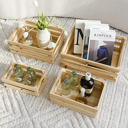 Set of 4 Large Wooden Crates Unfinished Office Storage Crates, Decorative Wood Storage Crates for Display, Rustic Pine Wood Organizer Bin Basket for Kitchen Pantry Bathroom - color: Natural Wood