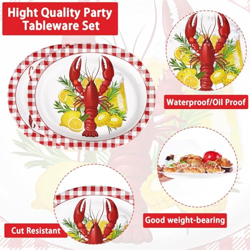 Grencian 50 Pcs Crawfish Boil Party Supplies 10” x 12” Lobster Boil Oval Paper Plates Large Disposable Crawfish Red Gingham Tableware Set for Baby Shower BBQ Summer Picnic Barbecue Cookout Carnival - style: 50Pcs Crawfish Oval Plates