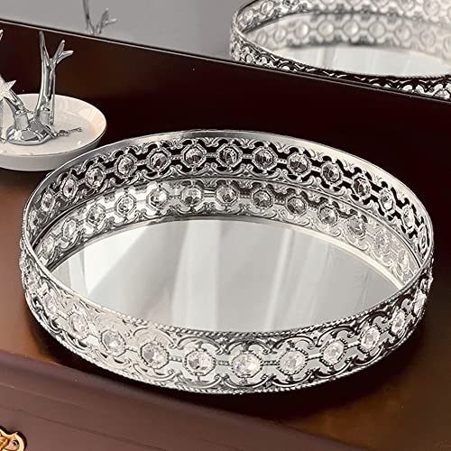 Round Mirror Tray for Coffee Table, Perfume, Makeup, and Vanity - Decorative Organizer for Dresser Tops (Silver, 11.8 in) - color: Silver