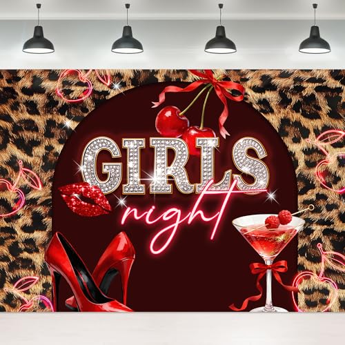 Girls Night Leopard Backdrop 7Wx5H Feet Fabric Cheetah Print Red Cherry Bow High Heeled Shoes Lips Vintage Fashion Cute Woman Girly Photography Background Banner Photo Shoot Decor Prop - color: A-01leopard cherry heeled, size: 7Wx5H