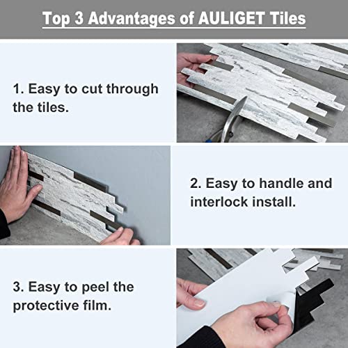 AULIGET 20 Sheets Faux Stone Peel and Stick Backsplash, White Marble Look PVC Wall Tiles Stick on Backsplash for Kitchen - color: Marble White + Metal Silver, size: 20 Sheets, 6"x12"x0.12"