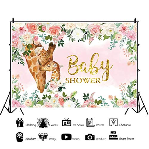 10x8ft Baby Shower Backdrop Cute Giraffe Pink White Watercolor Flowers Photography Background Girl Princess Baby Shower Party Cake Table Decoration Banner Photo Studio Props - size: 10x8ft