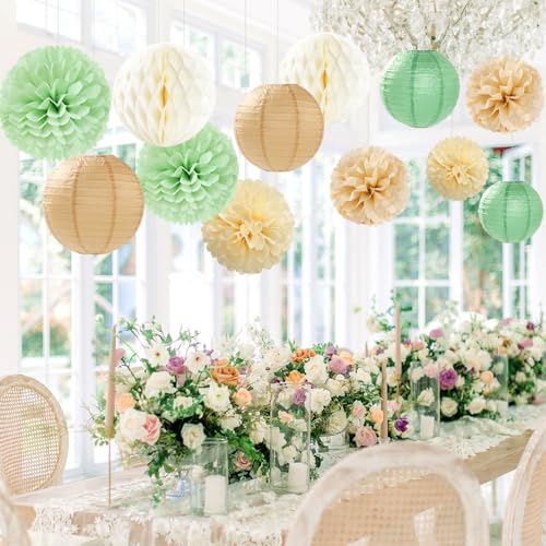 Sage Green-Boho Party-Decorations Paper-Flowers Lanterns - 15PCS Safari Rustic Neutral Baby Shower Tissue Pom Poms Streamers, Champagne Gold Birthday Wedding Graduation Hanging Supplies Decor Hugfond - color: Beige Champagne Light Green