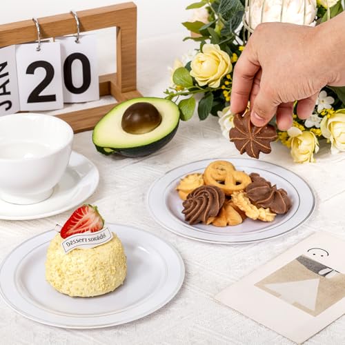 bUCLA 200PCS Silver Plastic Plates - 6.25inch White with Silver Trim Disposable Salad/Dessert/Appetizer/Small Cake Plates - Ideal for Wedding & Party - color: 6.25Inch-200pcs-Silver