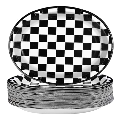 50Pcs Black and White Checkered Oval Paper Plates Race Car Party Plates 10" X 12" Disposable 400GSM Gingham Dessert Dinnerware for Racing Car Party Supplies Birthday Baby Shower BBQ Decorations - style: Black White Gingham Oval Kit