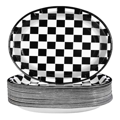 50Pcs Black and White Checkered Oval Paper Plates Race Car Party Plates 10" X 12" Disposable 400GSM Gingham Dessert Dinnerware for Racing Car Party Supplies Birthday Baby Shower BBQ Decorations - style: Black White Gingham Oval Kit