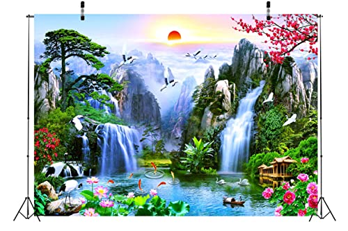 BELECO 10x8ft Fabric Fairyland Mountain Lake Photography Backdrop Waterfalls Swans Fish Flowers Dreamy Natural Landscape Painting Background Wall Murals Home Decor Kids Adults Portrait Photoshoot - size: 10x8FT