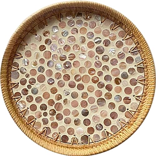 Round Rattan Serving Tray 12 Inch Rattan Tray with Mother of Pearl Inlay Decorative Eating Tray Coffee Table Tray Woven Wicker Tray for Storage Display Bread Fruit Boho Home Decor - color: Planet