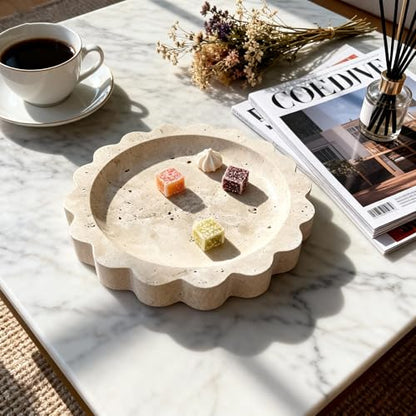 Natural Travertine Scalloped Edge Tray, 6.3"*6.3"Marble Ring Dish Jewelry Trinket Tray for Counter Dresser Nightstand, Home Decoration, Jewelry Storage,Women's Present (NS023)