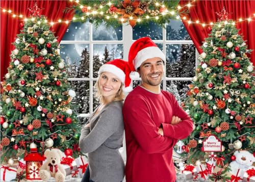 7x5ft Christmas Window Photography Backdrop Winter Merry Xmas Tree Background Night Snow Party Decoration Holiday Photo Banner Props - size: 7x5ft