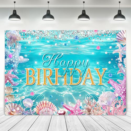 Ocean Backdrop Happy Birthday Summer Coastal Blue Sea Birthday Starfish Shells Coral Plant Cute 7Wx5H Feet Fabric Polyester Photography Background Banner Photo Shoot Decor Prop - color: C 01ocean, size: 7Wx5H