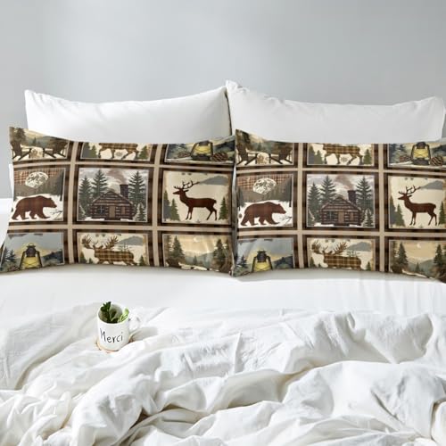 Feelyou Deer Bear Sheet Set King Size Kids Rustic Cabin Plaid Bed Sheets Set Boys Girls Teens Wild Animal Grid Sheets with Deep Pocket Fitted Sheet Nature Wildlife Tree Bedding Set Camper Lodge - color: Brown Green, size: King