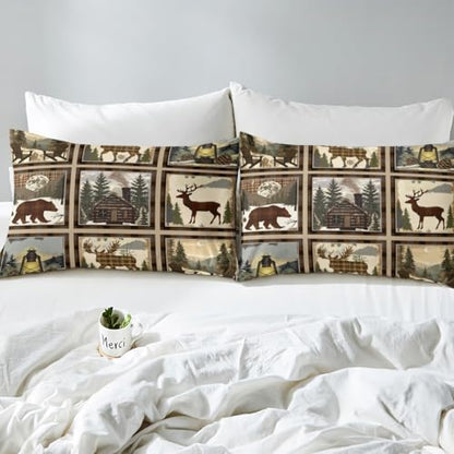 Feelyou Deer Bear Sheet Set Full Size Kids Rustic Cabin Plaid Bed Sheets Set Boys Girls Teens Wild Animal Grid Sheets with Deep Pocket Fitted Sheet Nature Wildlife Tree Bedding Set Camper Lodge - color: Brown Green, size: Full
