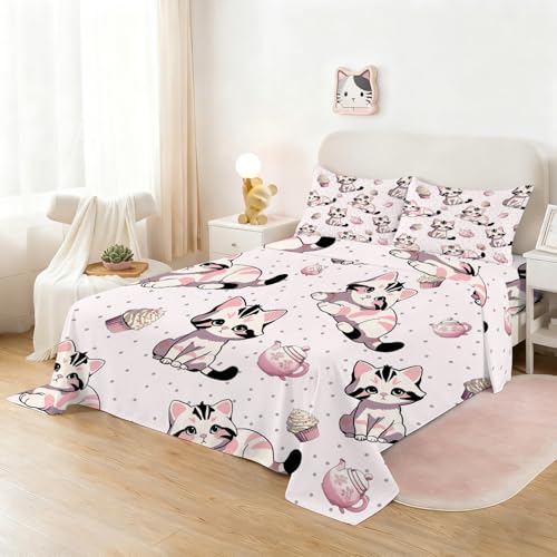 Pink Cat Fitted Sheet Set Queen Size Girls Cute Sheet for Bedroom Kids Soft Microfiber 4-Piece Cartoon Sheet Set 1 Fitted Sheet+1 Flat Sheet+2 Pillowcases Cartoon Bedding Set - color: Pink-cat, size: Queen