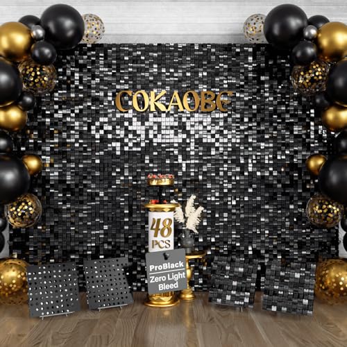 COKAOBE Black Shimmer Wall Backdrop 48PCS, Black Back Not See-Through Design, Square Sequin Glitter Backdrop Panel, Perfect for Outdoor Events, Birthdays, Wedding and Party Decoration - color: black, size: 48PCS