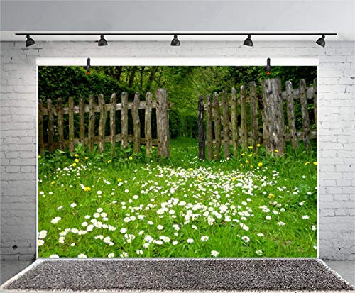AOFOTO 12x8ft Spring Garden Daisy Flower Backdrop Rustic Wood Fence Meadow Photography Background Forest Wonderland Grass Florets Country Hiking Suburbs Picnic Girl Boy Scouts Photo Studio Props - size: 12x8ft