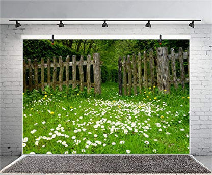 AOFOTO 12x10ft Spring Garden Daisy Flower Backdrop Rustic Wood Fence Meadow Photography Background Forest Wonderland Grass Florets Country Hiking Suburbs Picnic Girl Boy Scouts Photo Studio Props - size: 12x10ft