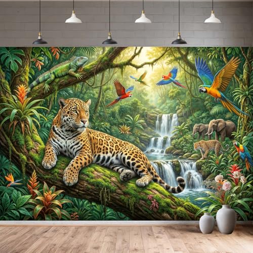 Tropical Jungle Leopard Backdrop, Rainforest Wildlife Photography Background with Parrot & Waterfall, Safari Animal Party Decor for Kids Birthday, Baby Shower, Photo Booth Props - color: Multi3, size: 15X10