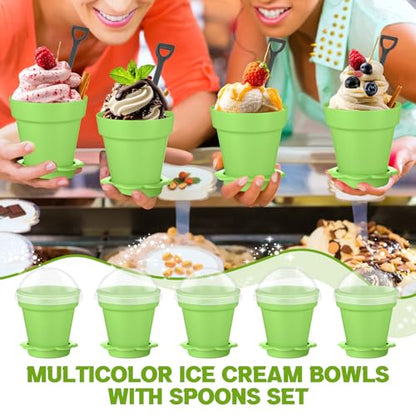 Honeydak 25 Pack Flowerpot Dessert Cup Plastic Cake Cups with Lid Shovel Spoon Mini Flower Pot Dessert Cups Ice Cream Yogurt Cupcake Holder Containers for Birthday Party Supplies DIY Baking (Green) - color: Green