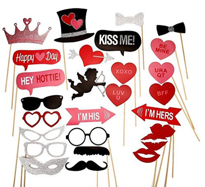 27 Pcs Valentine's Day Photo Booth Props Selfie Photobooth Props Mustache Heart Lips Eyeglasses Shape for Valentine's Day Wedding Bridal Party Supplies