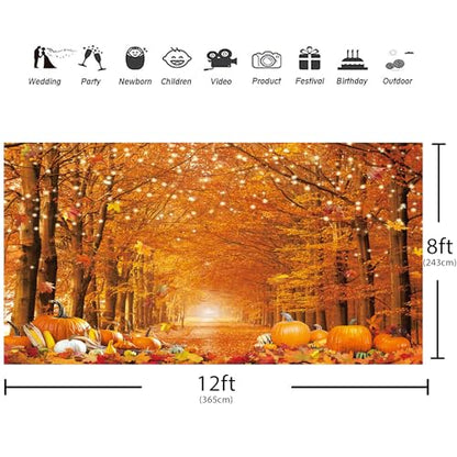 12x8FT Fall Photo Backdrop for Photography Thanksgiving Day Friendsgiving Autumn Forest Scenery Maple Leaves Background Pumpkin Party Decorations Banner Photo Props - size: 12x8ft