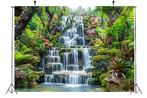 BELECO 20x10ft Fabric Garden Waterfall Backdrop Mountain Rocks Flowing Water Lake River Green Forest Trees Nature Background Home Wall Decor Photo Booth Shoot Studio Props - size: 20x10FT