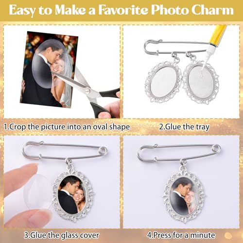 3Pcs Silver Wedding Bouquet Photo Charm Pins, Bouquet Charm for Gift Bridal Shower Graduation Memorial Photo Pin Brooch Making Kit for Mother