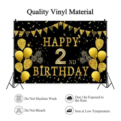 5x3ft Happy 2nd Birthday Party Photography Backdrop, Glitter Black and Gold Balloons Background for Girl Boy Second Bday Shining Diamond Two Years Old Birthday Party Supplies - color: 2nd, size: 5x3ft