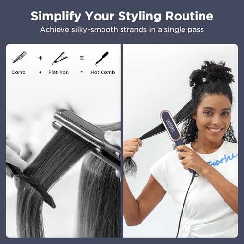 Prizm Hair Straightener Brush, 20s Fast Heating, Negative Ions Hair Straightening Brush with Less Frizz, 4 Temp Settings & LED Display, Anti-Scald Design, Gift for Women, Dual Voltage, Prussian Blue - color: Prussian Blue