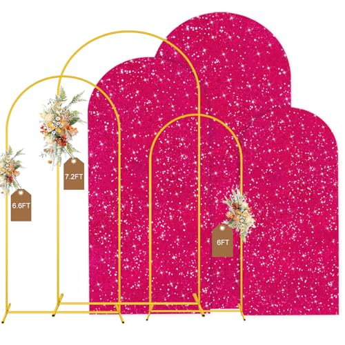 MODFUNS Metal Arch Backdrop Stand and Cover Set 6&6.6&7.2ft Hot Pink Sequins Arch Backdrop Cover Set of 3 Gold Arch Stand with Covers for Baby Shower Birthday Party Banquet Decoration - color: Hot Pink, size: 6&6.6&7.2FT-Set