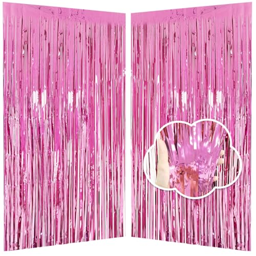 Pink Backdrop Birthday Party Decorations 3.3x8.2ft, 2 Pack Tinsel Foil Fringe Curtains for Valentines Day, Door Streamers for Galentines Easter Mother's Day Friendsgiving Barbie Princess Wedding - color: Pink