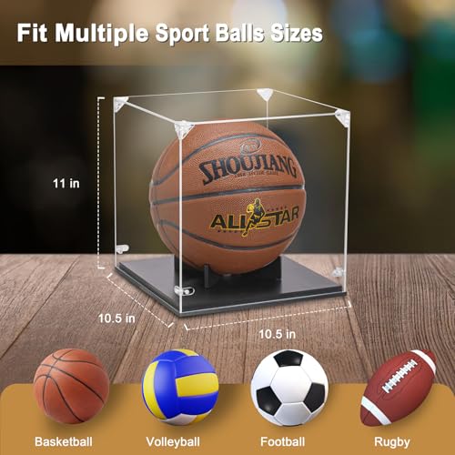 GYaozii Basketball Display Case, Thickened UV Protection Clear Acrylic Lid Basketball Holder, Wooden Basketball Base Stand for Autographed Ball and Memorial Gift - size: Basketball Display Case-Black
